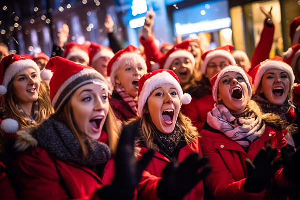 A Christmas crowd full of excited people wearing Santa hats